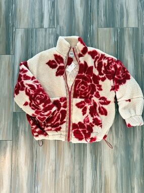 XS BDG Cream Sherpa Jacket with Red Floral Print (Urban Outfitters)